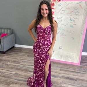 Primavera Couture Purple Floral Beaded Prom Gown